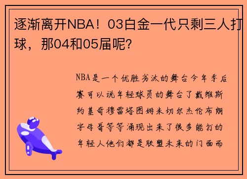 逐渐离开NBA！03白金一代只剩三人打球，那04和05届呢？