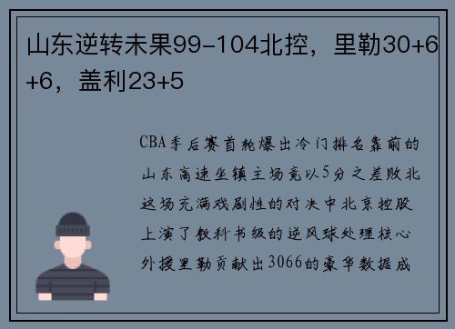 山东逆转未果99-104北控，里勒30+6+6，盖利23+5