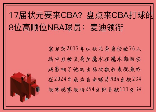 17届状元要来CBA？盘点来CBA打球的8位高顺位NBA球员：麦迪领衔