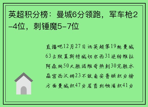 英超积分榜：曼城6分领跑，军车枪2-4位，刺锤魔5-7位